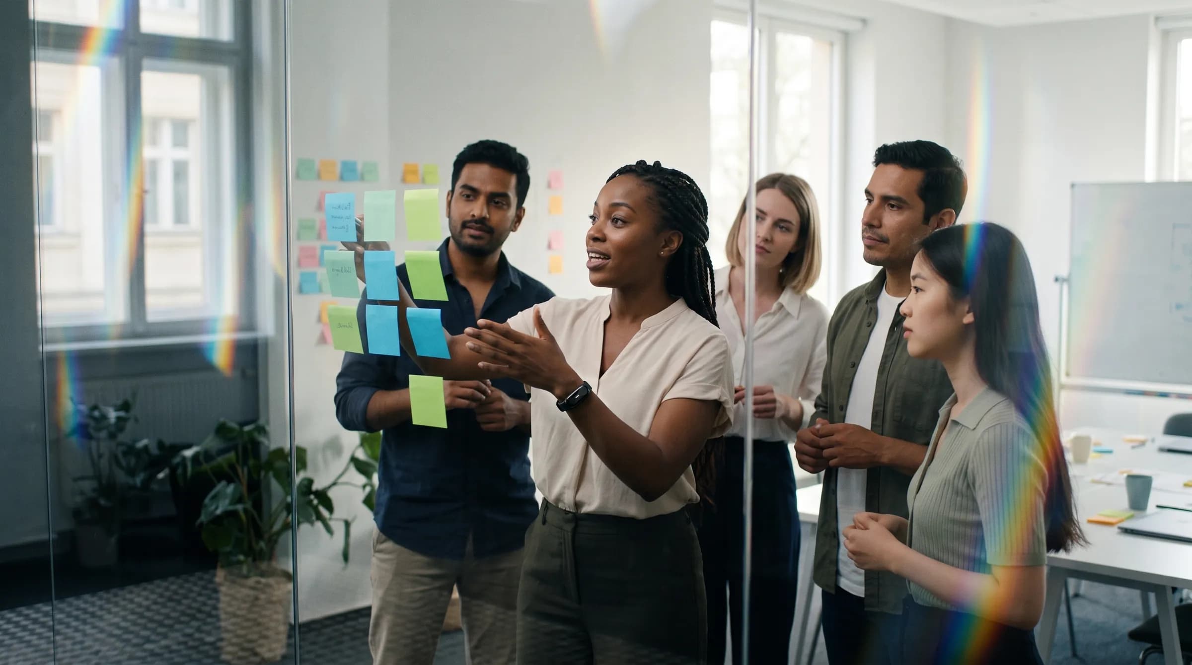 Seen through a glass wall, a product team at a sticky-note wall listens as a woman wearing a black Ona Band leads the discussion