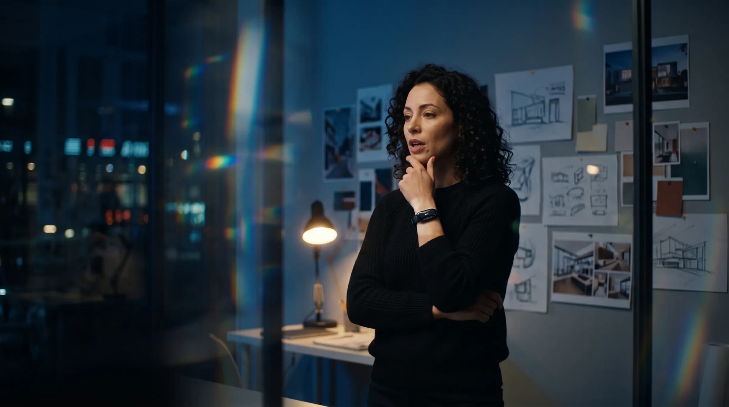 At night in a design studio, a woman wearing a black Ona Band thinks aloud in front of a wall of sketches