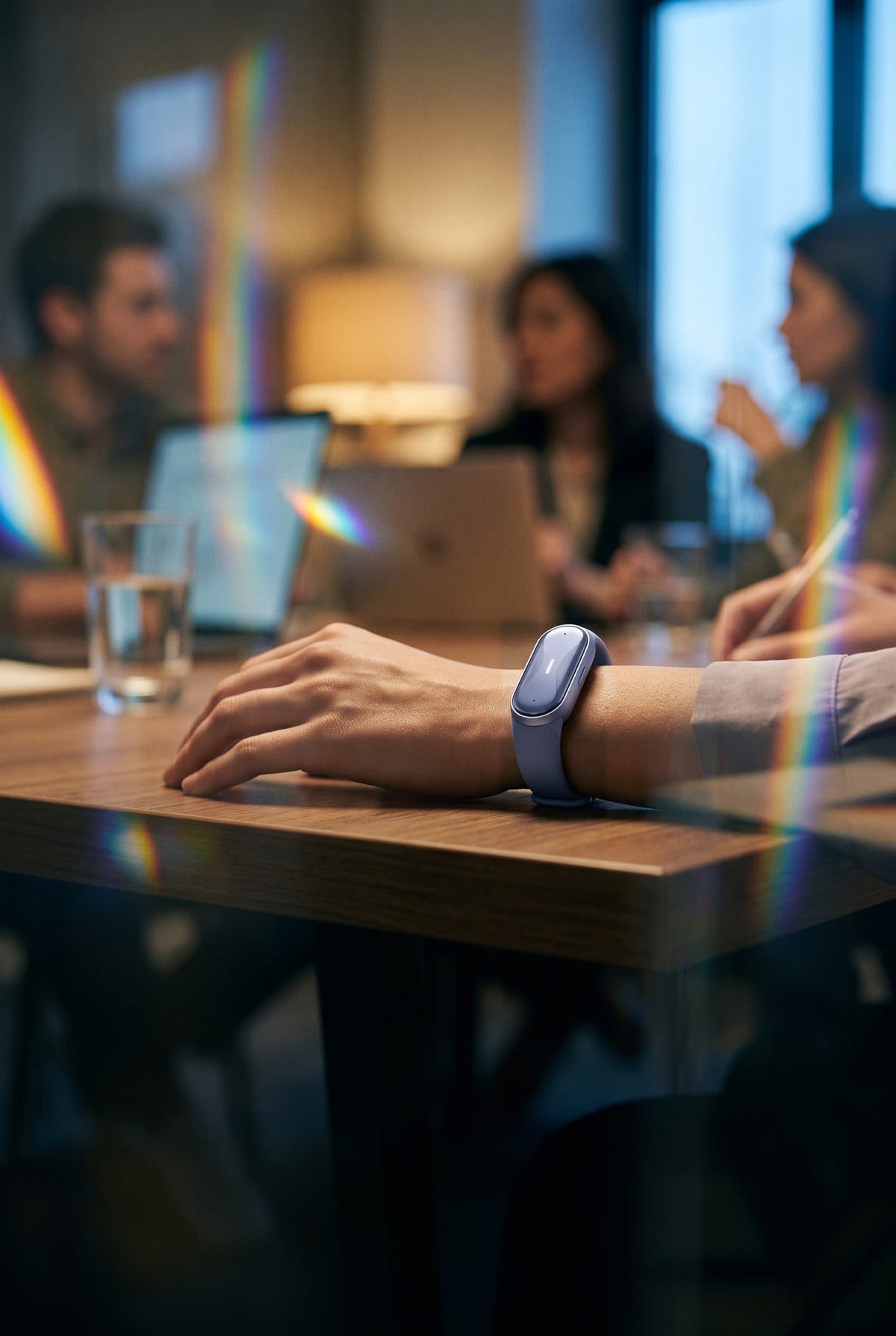 A hand resting on a meeting table, a Sierra Blue Ona Band on the wrist with its light on, colleagues talking behind
