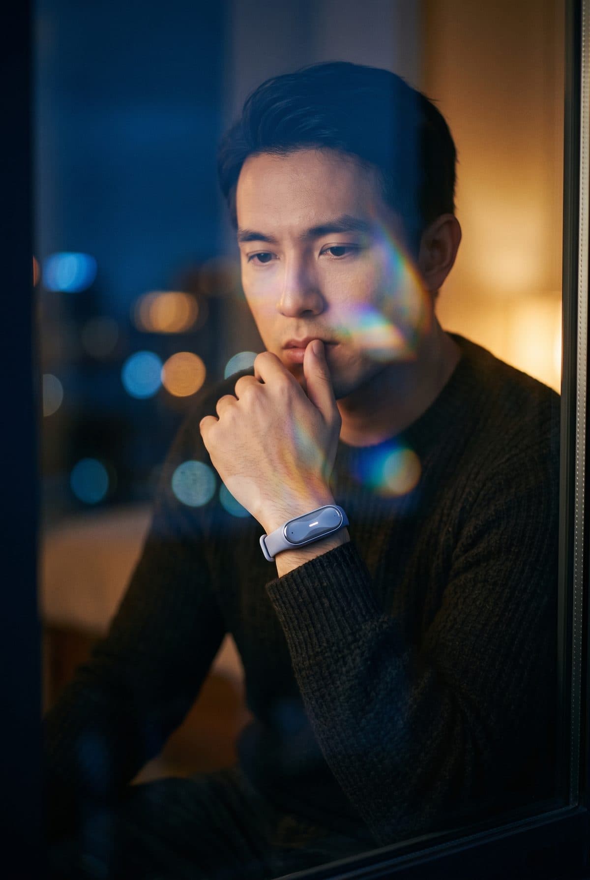 A man sits thinking by a window at night, city lights behind him, a Sierra Blue Ona Band on his wrist